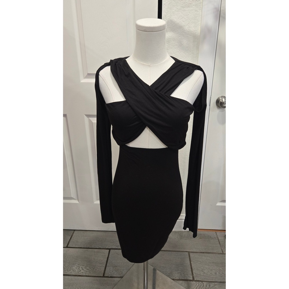 Tresser Black Criss Cross Cutout Long Sleeve Bodycon Mini Dress M Made in LA